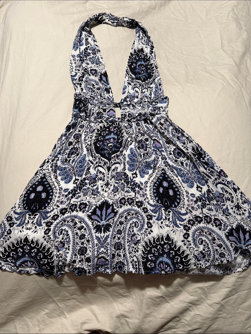 Halter Neck Blue & White Paisley Mini Dress